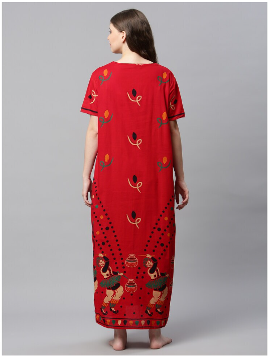 NITESY Red Cotton Printed Long Nighty with side pocket