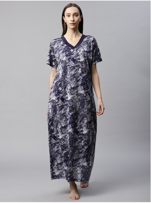 NITESY Navy Stretch Printed Long Nighty with side pocket