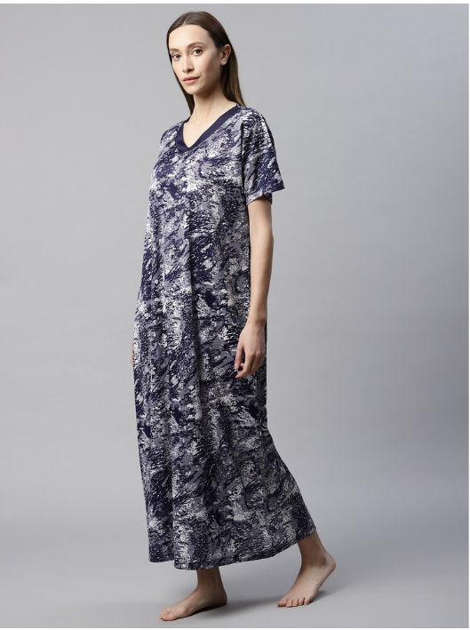 NITESY Navy Stretch Printed Long Nighty with side pocket