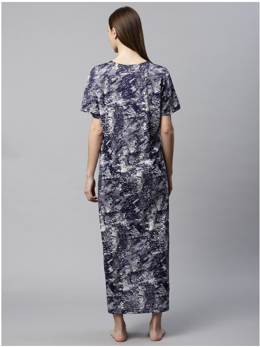 NITESY Navy Stretch Printed Long Nighty with side pocket