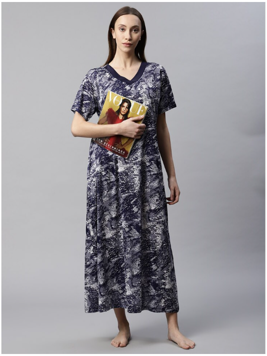 NITESY Navy Stretch Printed Long Nighty with side pocket