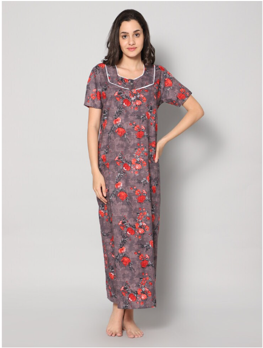 NITESY 260 gsm 100% cotton gujari Printed Long Nighty with side pocket