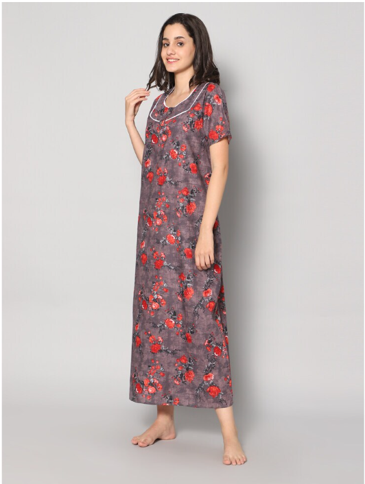 NITESY 260 gsm 100% cotton gujari Printed Long Nighty with side pocket