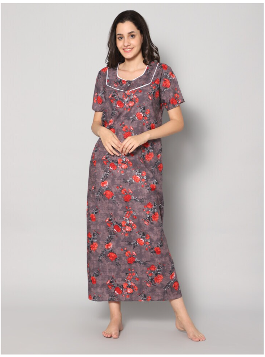 NITESY 260 gsm 100% cotton gujari Printed Long Nighty with side pocket