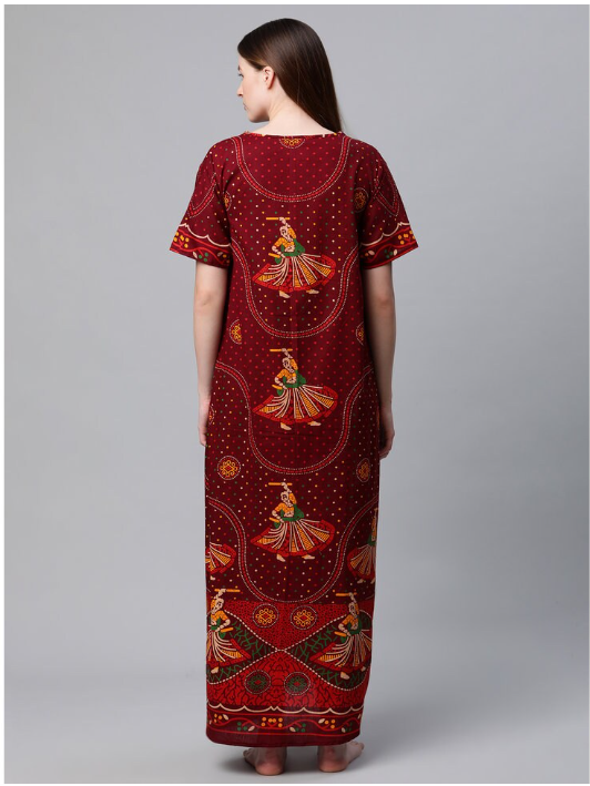 NITESY Cotton Meroon Printed Long Nighty with side pocket