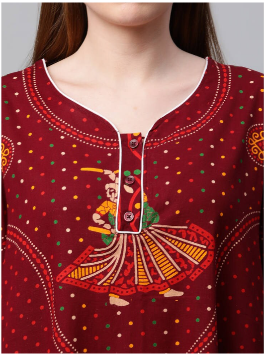 NITESY Cotton Meroon Printed Long Nighty with side pocket