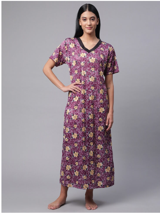 NITESY Stretch Flower Printed Long Nighty with side pocket