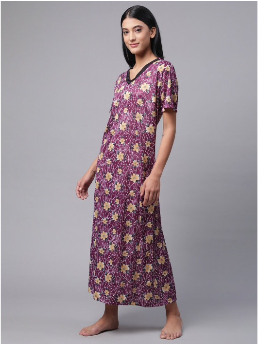 NITESY Stretch Flower Printed Long Nighty with side pocket