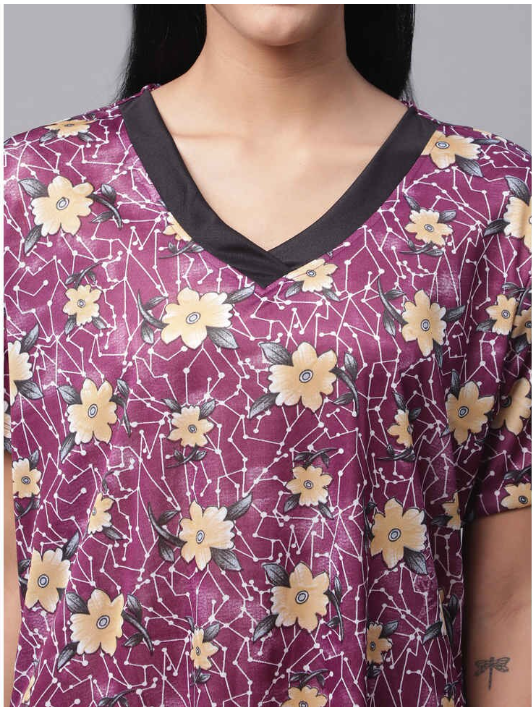 NITESY Stretch Flower Printed Long Nighty with side pocket
