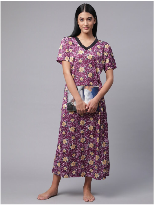 NITESY Stretch Flower Printed Long Nighty with side pocket