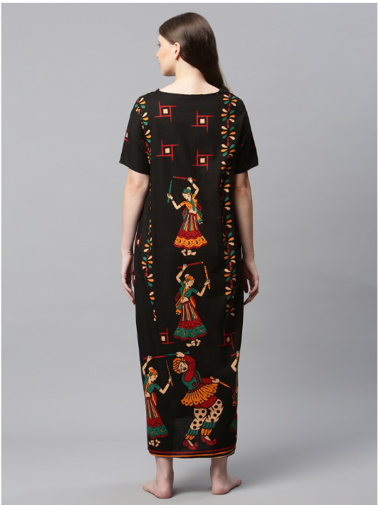 NITESY Cotton Black Printed Long Nighty with side pocket