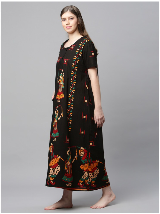NITESY Cotton Black Printed Long Nighty with side pocket
