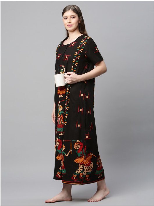 NITESY Cotton Black Printed Long Nighty with side pocket