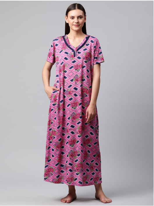 NITESY Stretch Pink Printed Long Nighty with side pocket