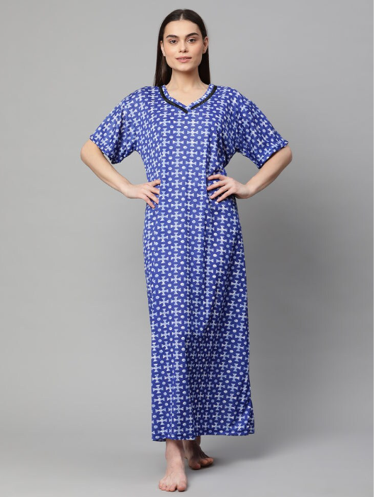 NITESY Stretch Blue Printed Long Nighty with side pocket