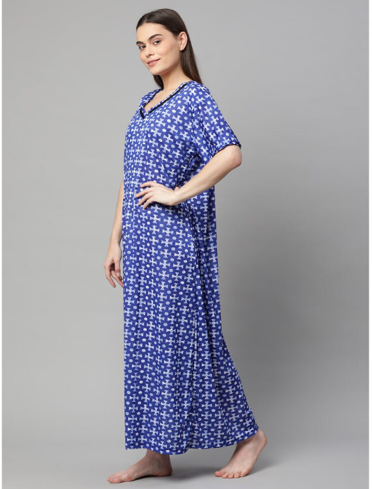 NITESY Stretch Blue Printed Long Nighty with side pocket