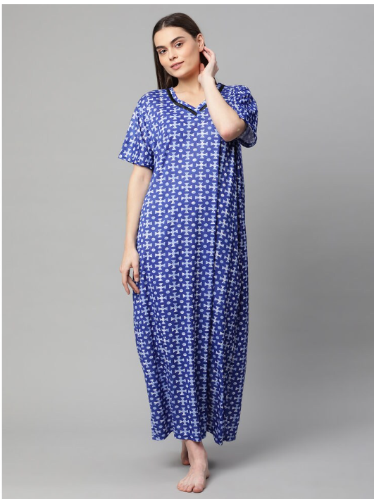 NITESY Stretch Blue Printed Long Nighty with side pocket