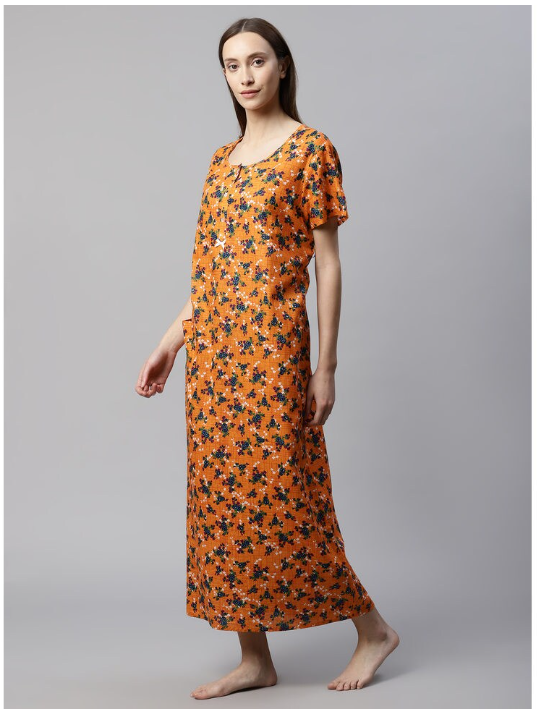 NITESY Cotton Printed Long Nighty with side pocket