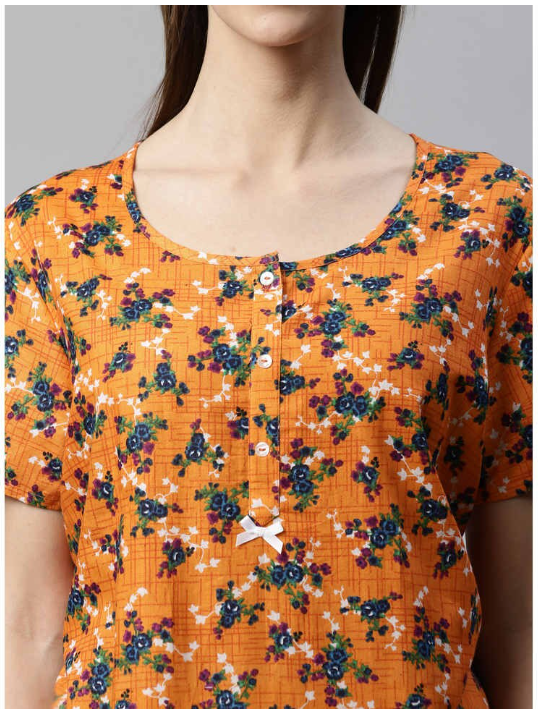 NITESY Cotton Printed Long Nighty with side pocket