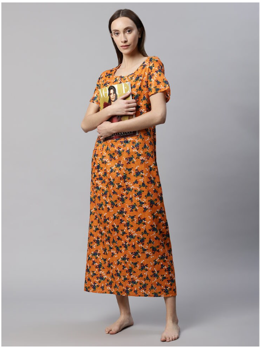 NITESY Cotton Printed Long Nighty with side pocket