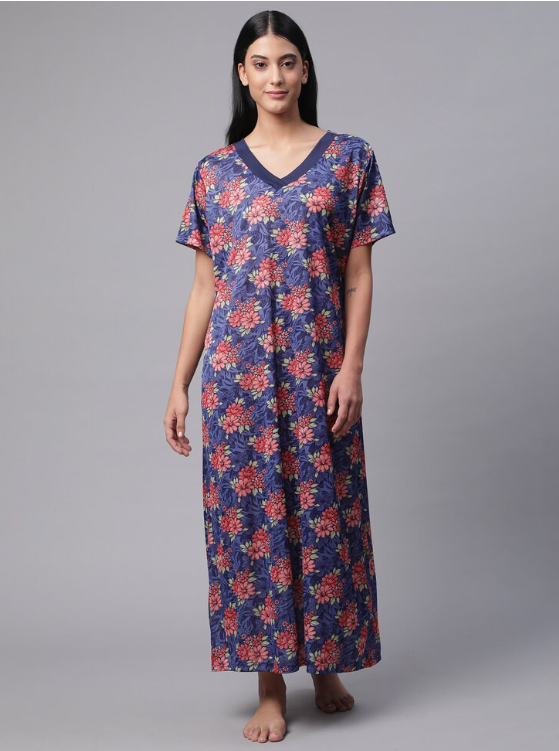 NITESY Stretch Printed Long Nighty with side pocket