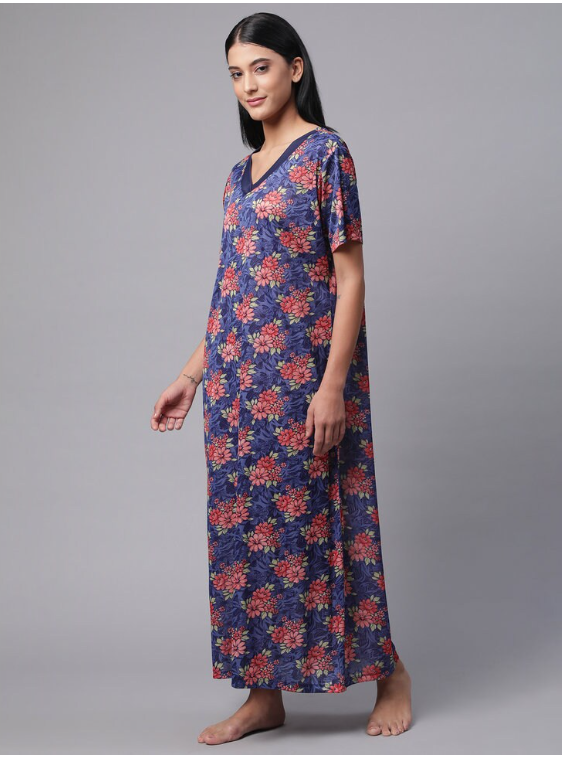 NITESY Stretch Printed Long Nighty with side pocket