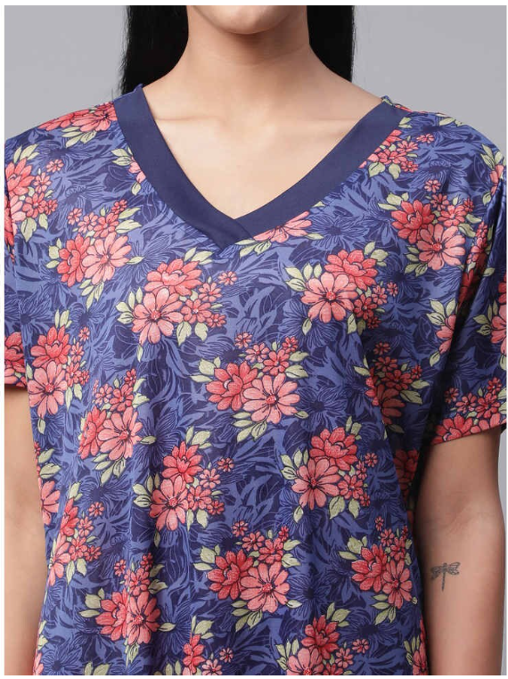 NITESY Stretch Printed Long Nighty with side pocket