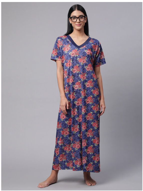 NITESY Stretch Printed Long Nighty with side pocket