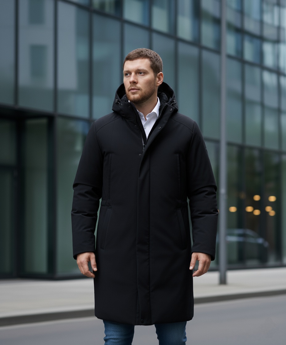 Klasikinis žieminis juodos spalvos paltas su nusegamu kailiuku 1512