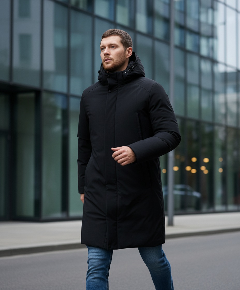 Klasikinis žieminis juodos spalvos paltas su nusegamu kailiuku 1512