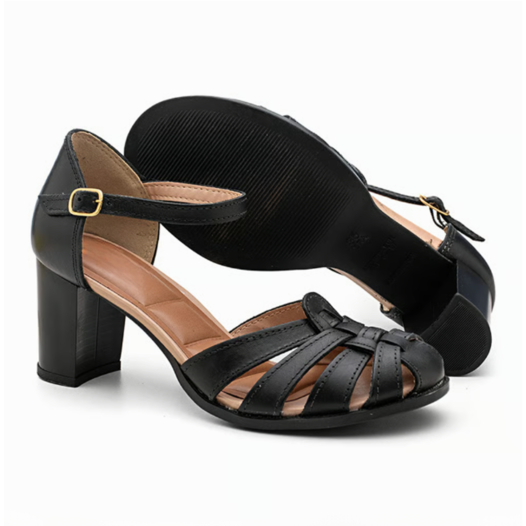 Sandália Retrô com Salto Bloco de Couro Legítimo