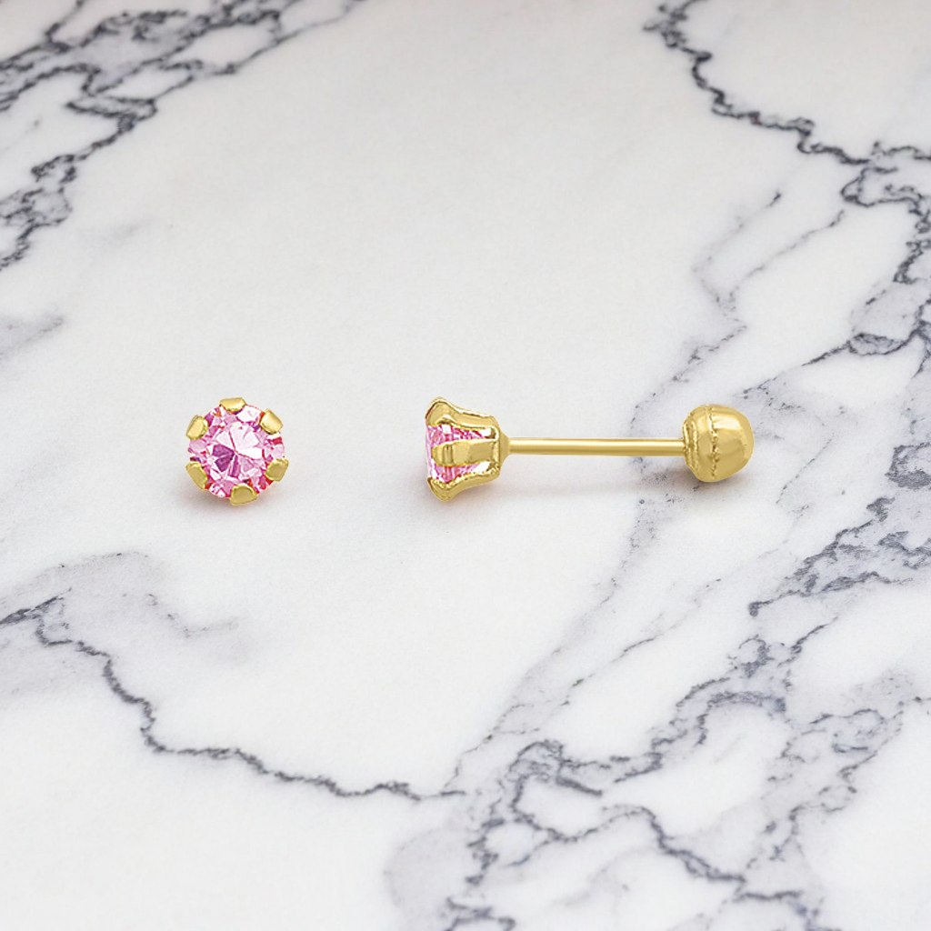 H33810K25#2.25MM Pendientes de oro con piedra rosa