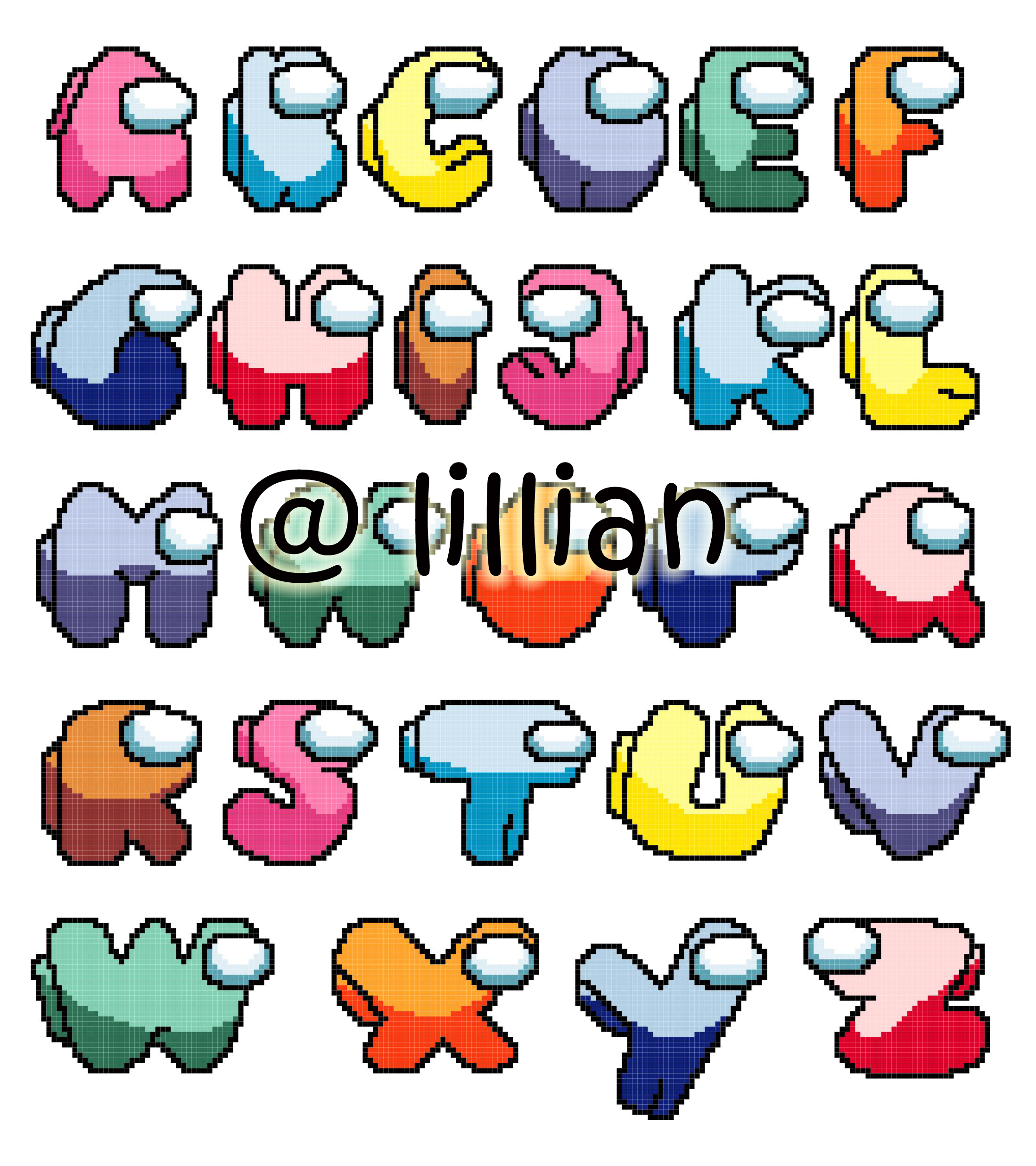 PDF ~AMONG US ALPHABET ALPHABETS ALPHABETICAL ABC TO Z Counted Cross Stitch PATTERN