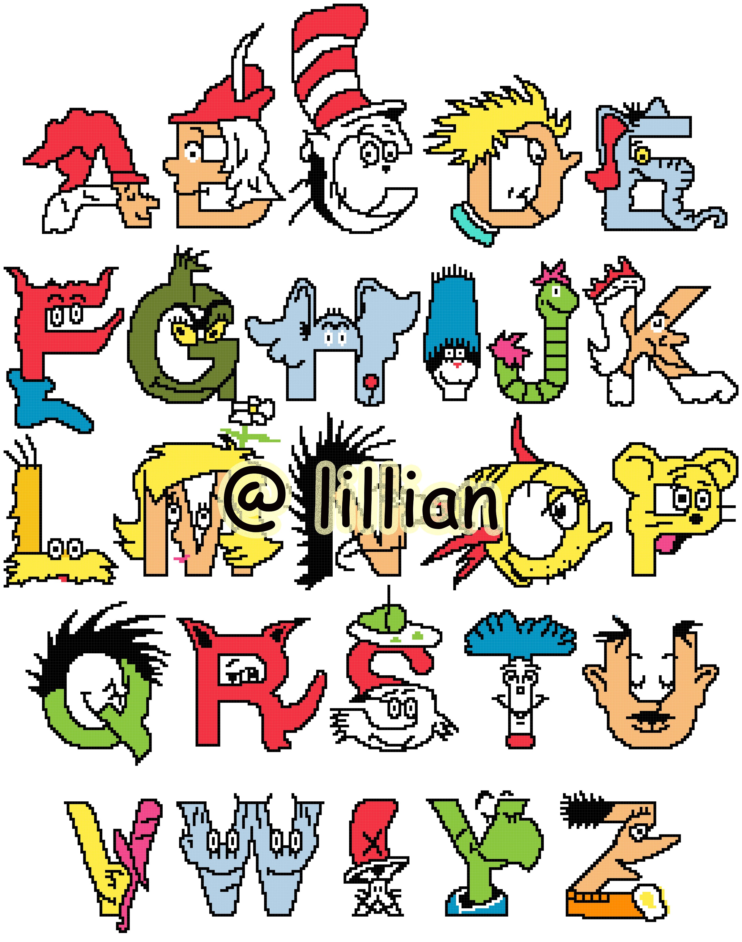 PDF ~DR SEUSS GRINCH ALPHABET ALPHABETS ALPHABETICAL ABC TO Z Counted Cross Stitch PATTERN