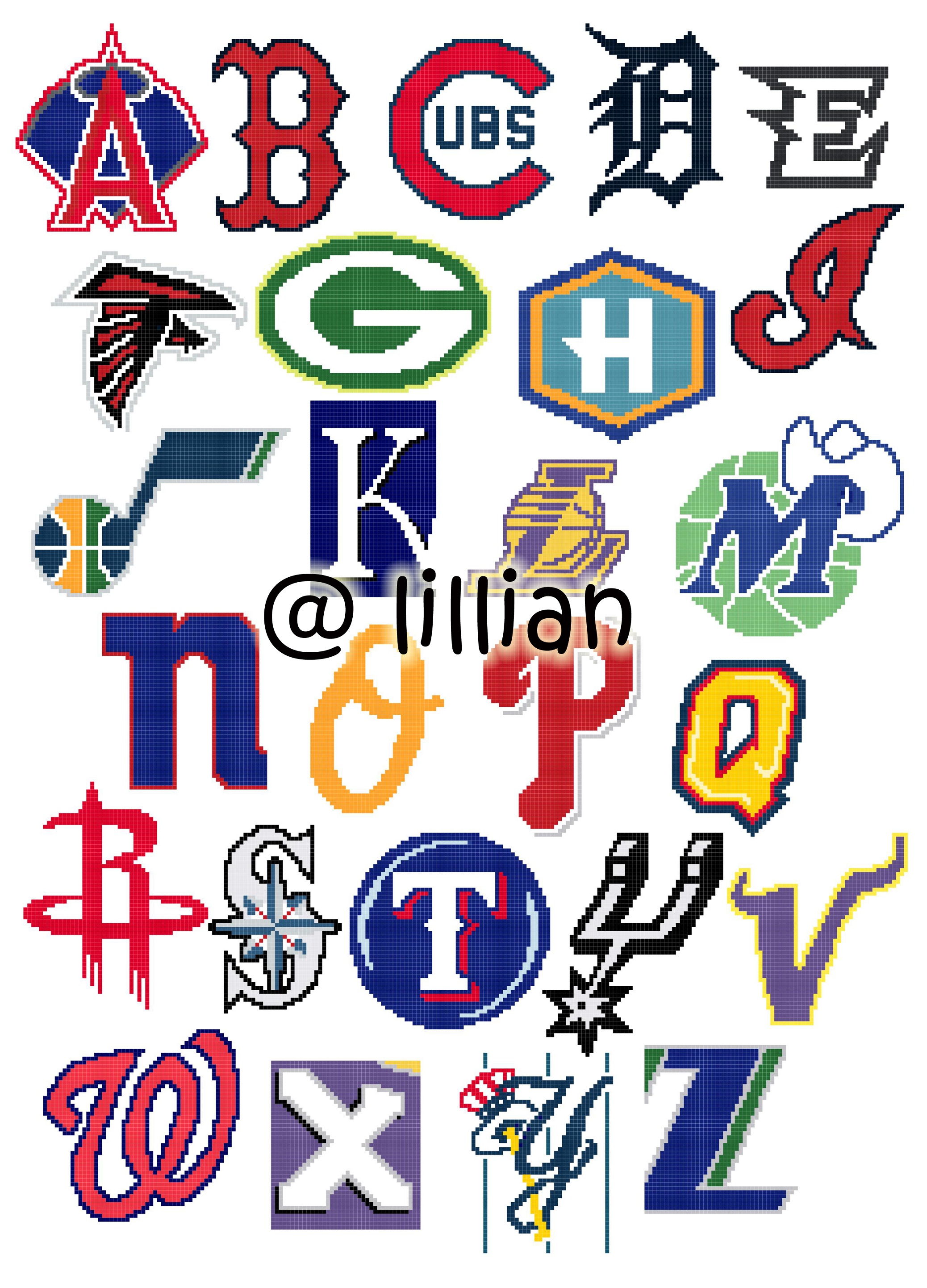PDF ~SPORT SPORTS NBA NHL NFL MLB ALPHABET ALPHABETS ALPHABETICAL ABC TO Z Counted Cross Stitch PATTERN