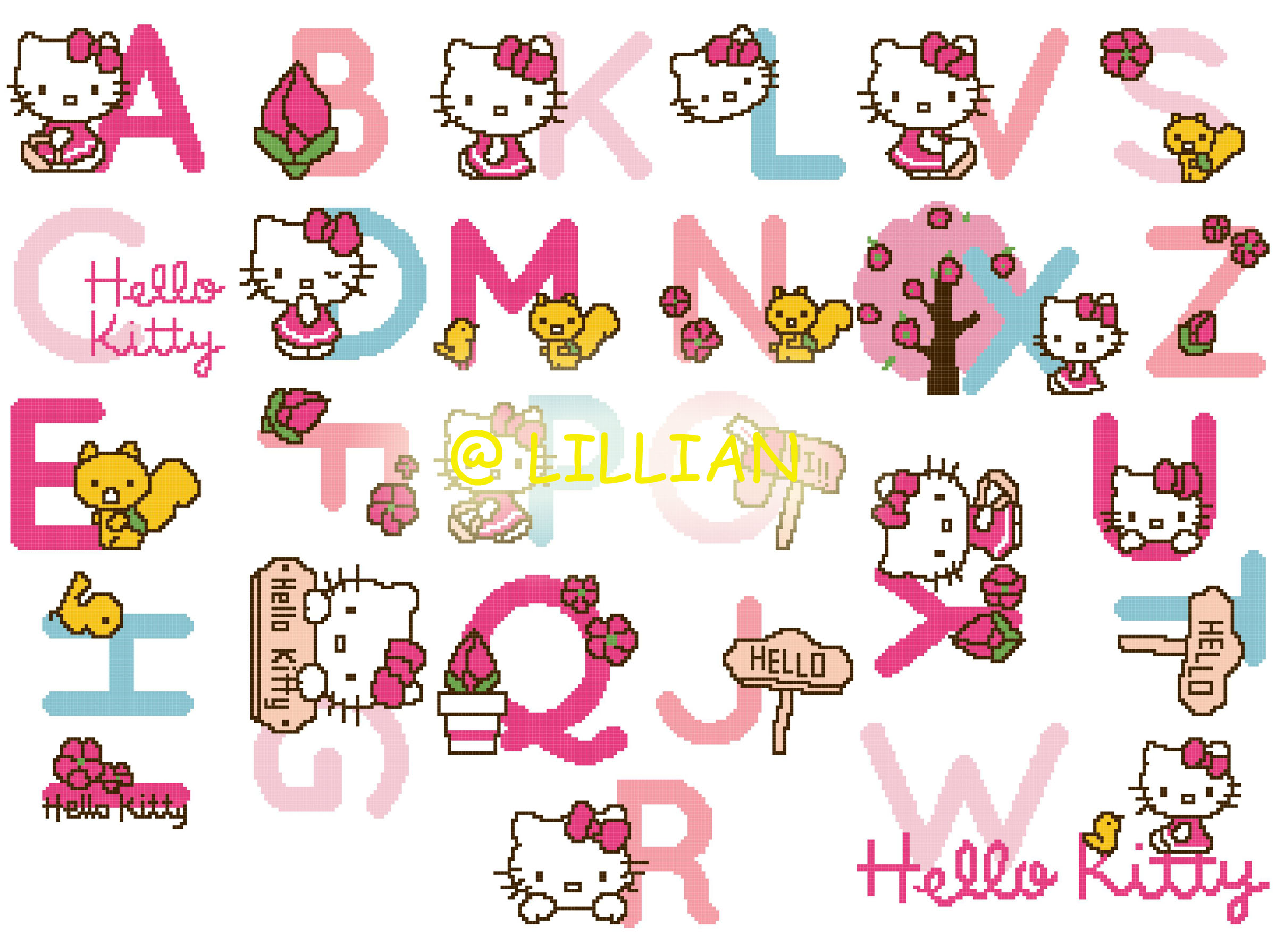 PDF ~HELLO KITTY FRIENDS ALPHABET ALPHABETS ALPHABETICAL ABC TO Z Counted Cross Stitch PATTERN