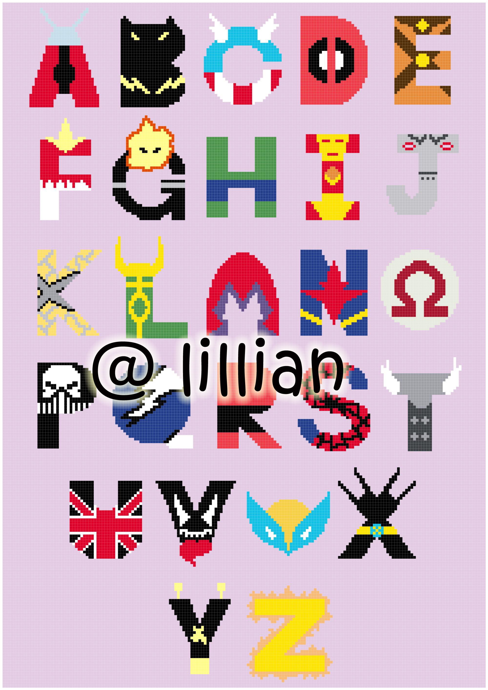 PDF ~SUPER HERO SUPERHERO ALPHABET ALPHABETS ALPHABETICAL ABC TO Z Counted Cross Stitch PATTERN