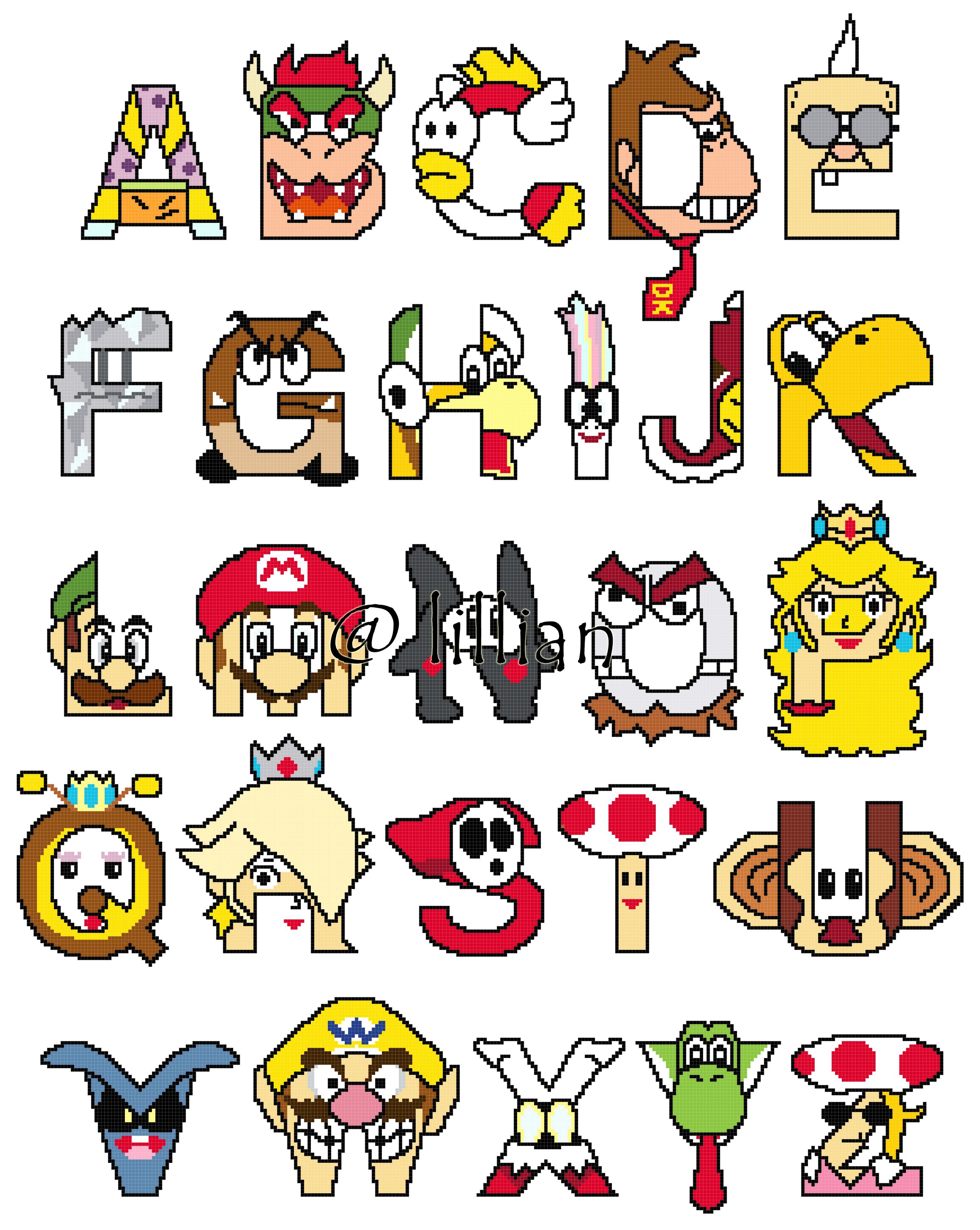 PDF ~SUPER MARIO FRIENDS ALPHABET ALPHABETS ALPHABETICAL ABC TO Z Counted Cross Stitch PATTERN