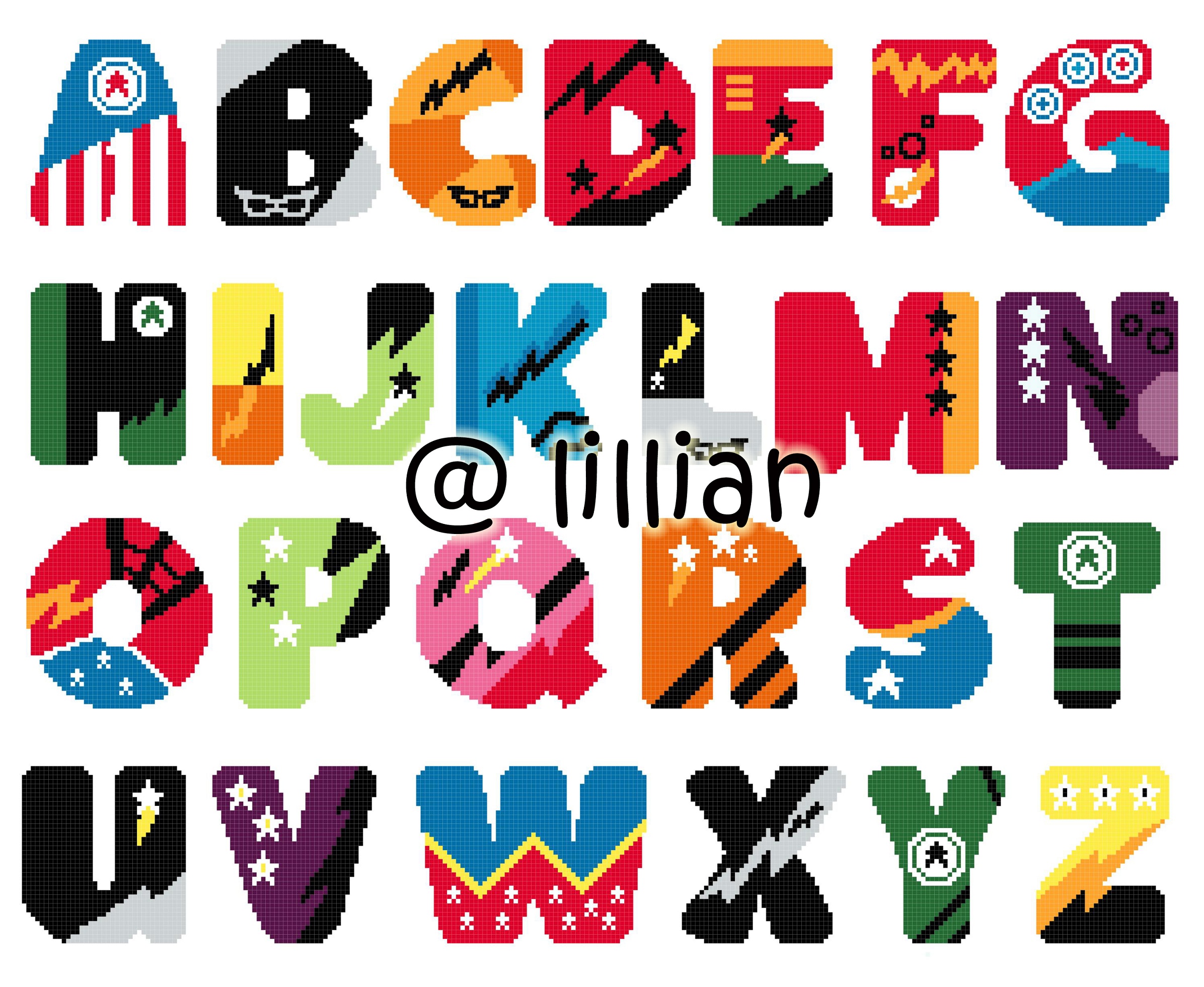 PDF ~SUPERHERO SUPER HERO SIMPLE FRIENDS ALPHABET ALPHABETS ALPHABETICAL ABC TO Z Counted Cross Stitch PATTERN