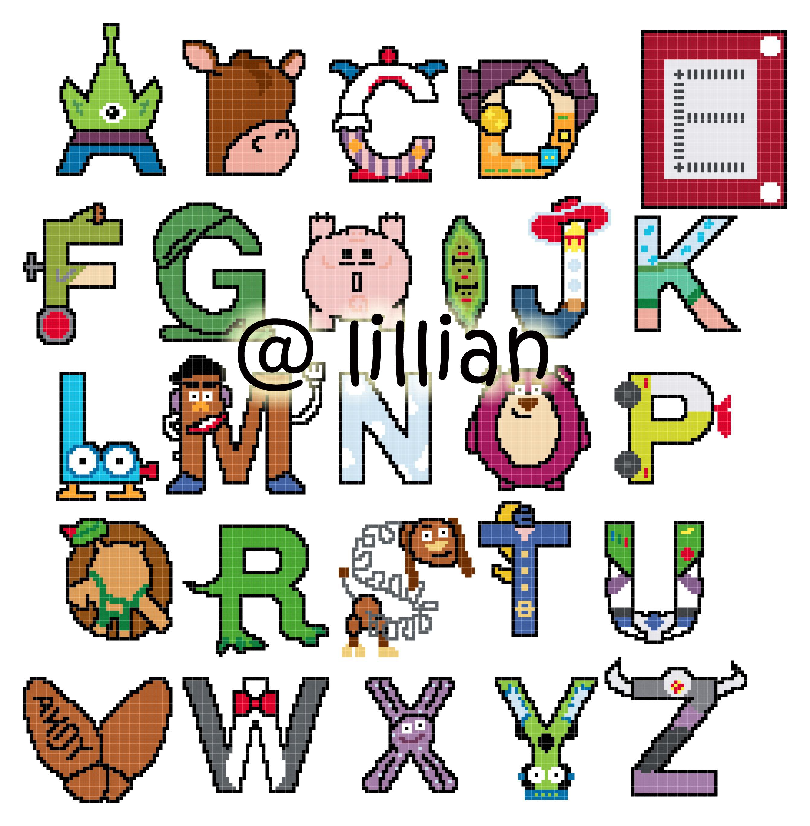 PDF ~TOY STORY FRIENDS ALPHABET ALPHABETS ALPHABETICAL ABC TO Z Counted Cross Stitch PATTERN