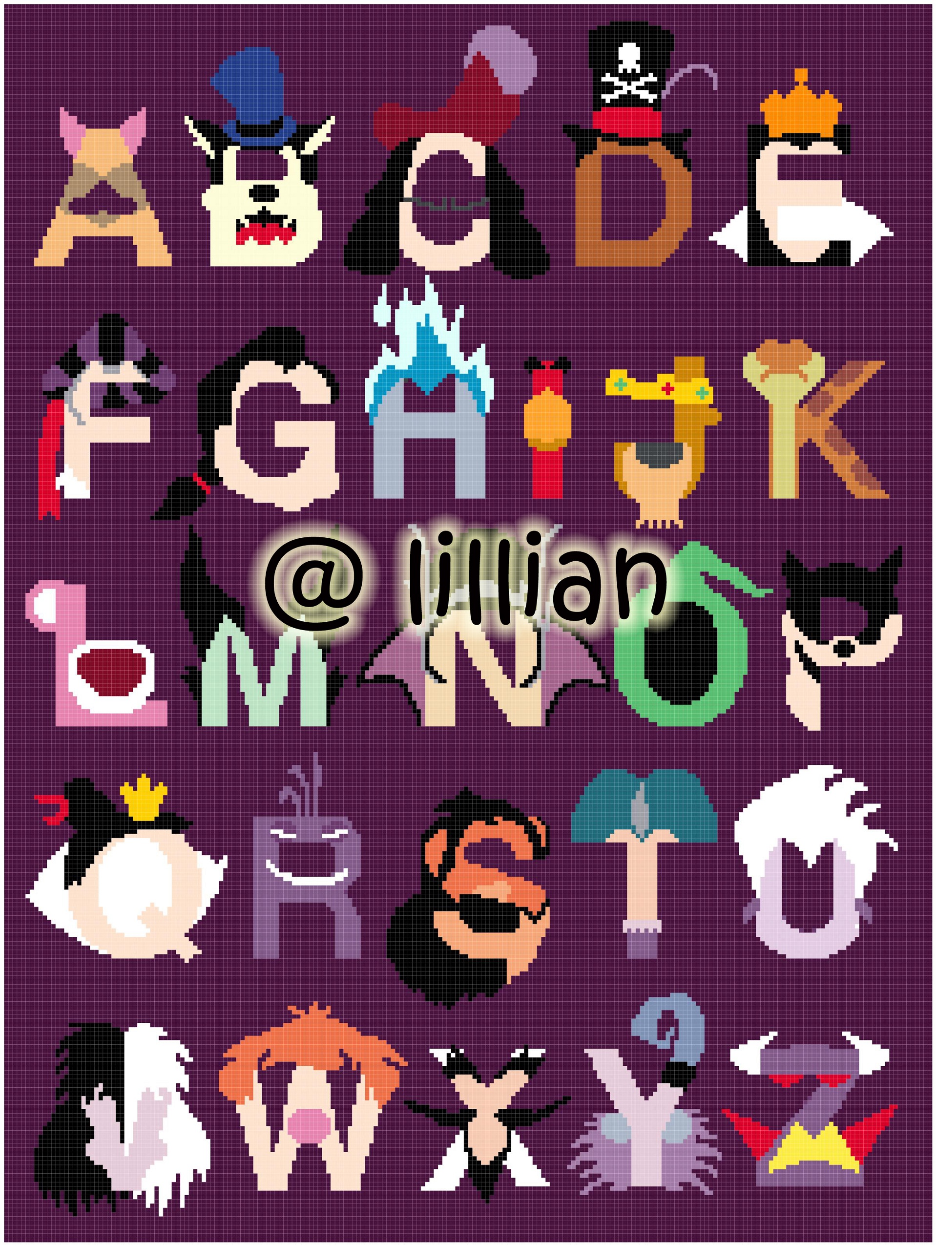 PDF ~VILLAINS FRIENDS ALPHABET ALPHABETS ALPHABETICAL ABC TO Z Counted Cross Stitch PATTERN