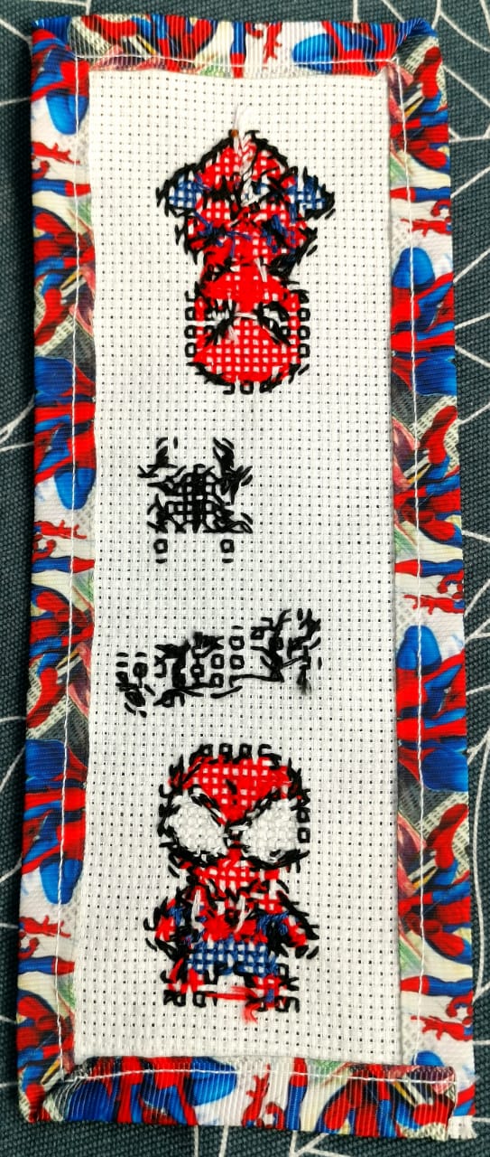SPIDERMAN WEB Grosgrain Ribbon BookMark with customized name FINISHED/COMPLETED Counted Cross Stitch