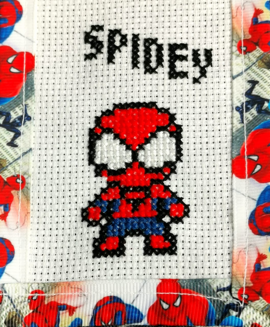 SPIDERMAN WEB Grosgrain Ribbon BookMark with customized name FINISHED/COMPLETED Counted Cross Stitch
