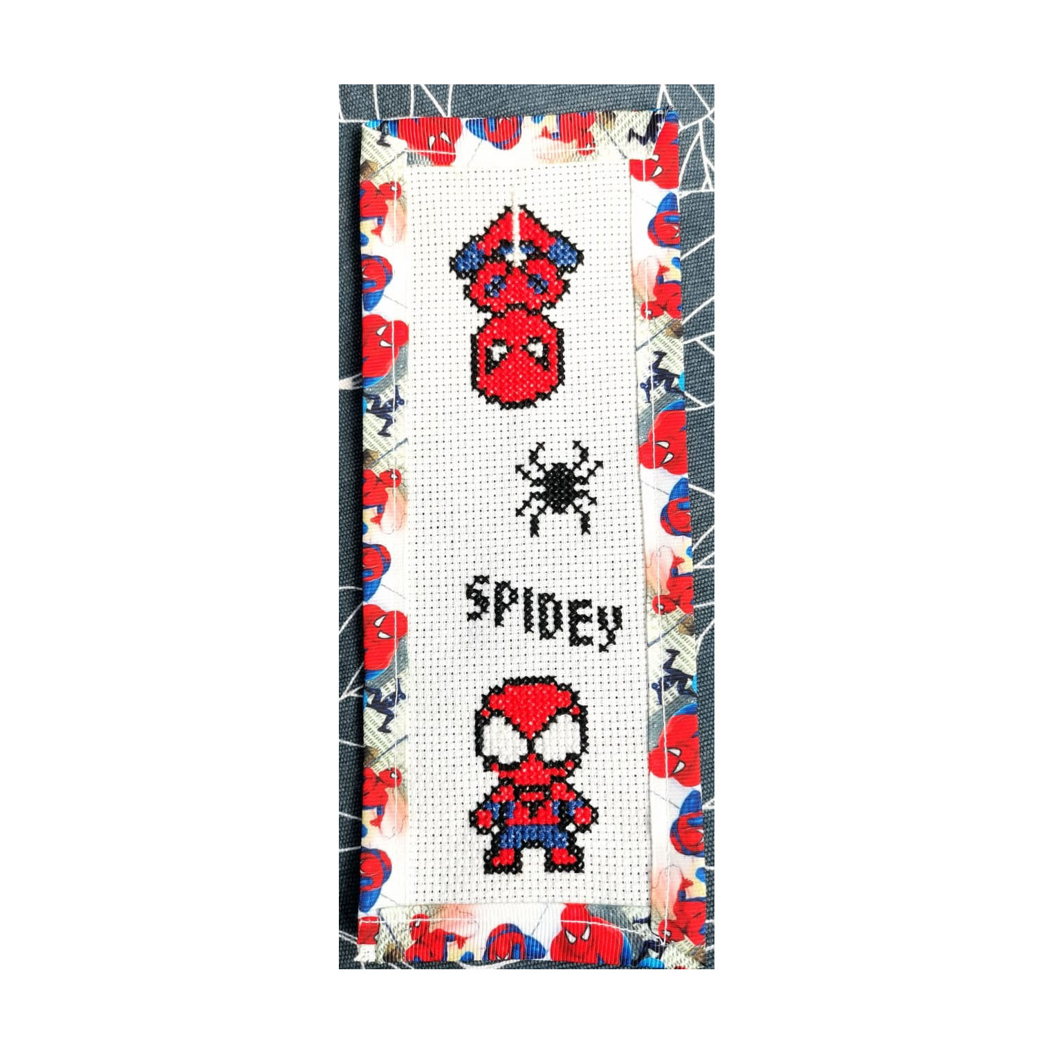 SPIDERMAN WEB Grosgrain Ribbon BookMark with customized name FINISHED/COMPLETED Counted Cross Stitch