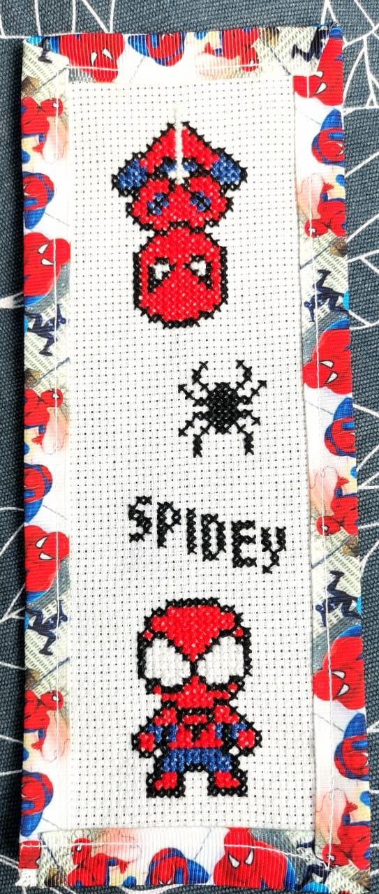 SPIDERMAN WEB Grosgrain Ribbon BookMark with customized name FINISHED/COMPLETED Counted Cross Stitch