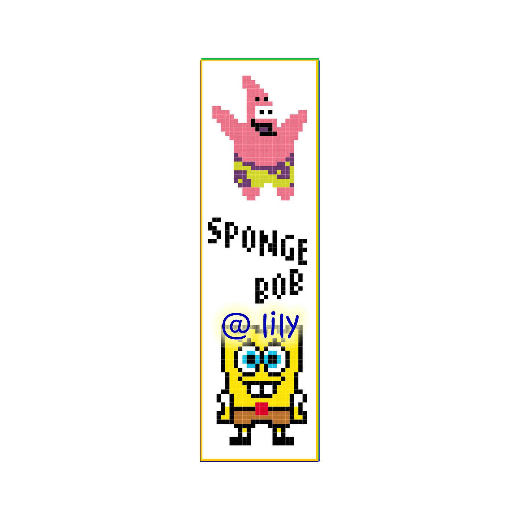 PDF ~SPONGEBOB PATRICK Grosgrain Ribbon Counted Cross Stitch Pattern Chart BookMark with customized name