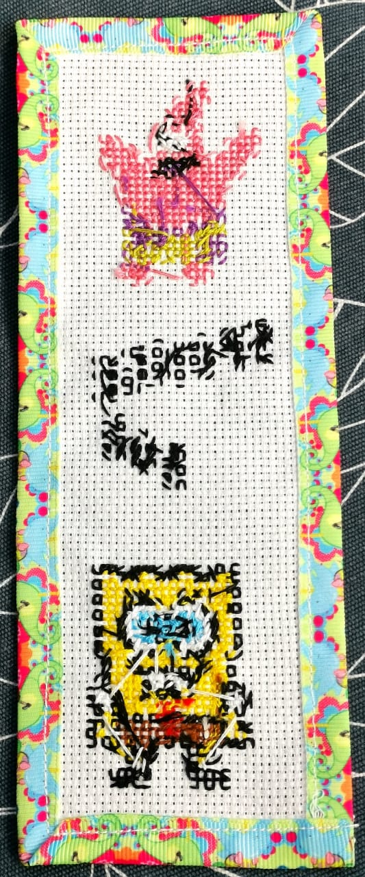 SPONGEBOB PATRICK Grosgrain Ribbon BookMark with customized name FINISHED/COMPLETED Counted Cross Stitch