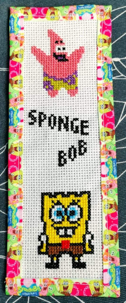 SPONGEBOB PATRICK Grosgrain Ribbon BookMark with customized name FINISHED/COMPLETED Counted Cross Stitch