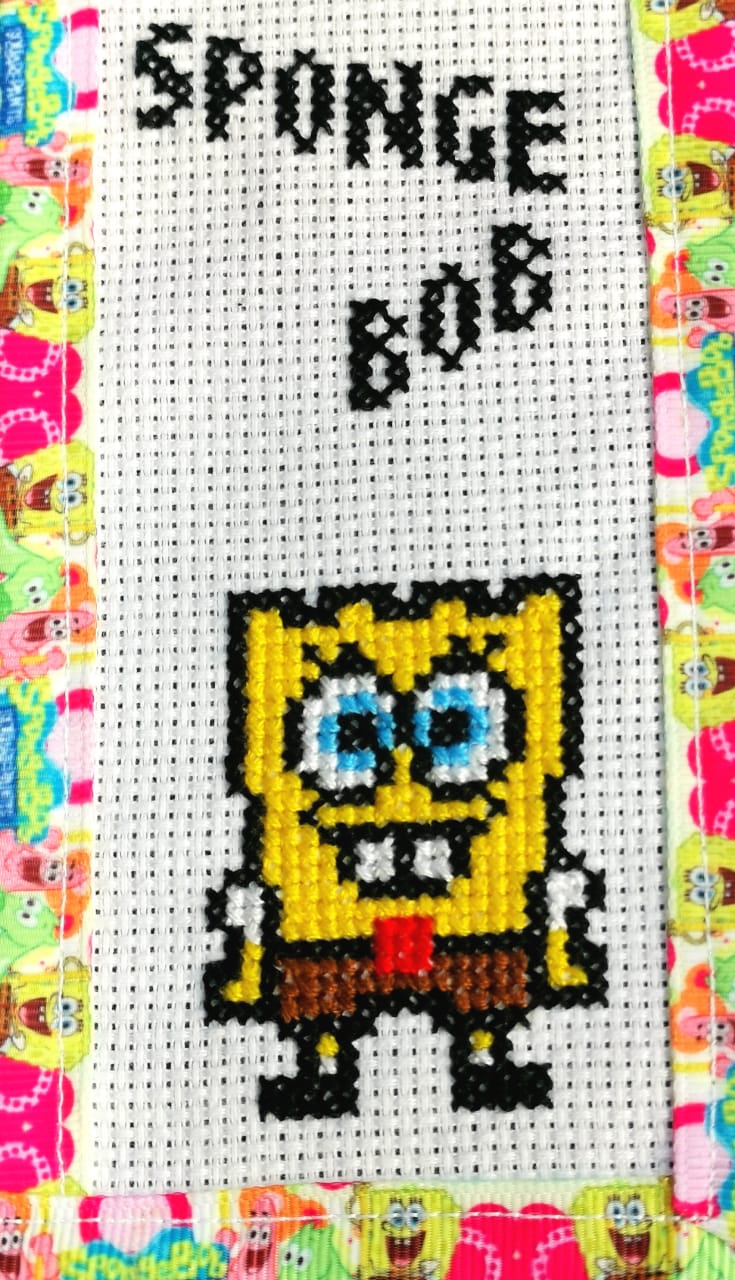 SPONGEBOB PATRICK Grosgrain Ribbon BookMark with customized name FINISHED/COMPLETED Counted Cross Stitch