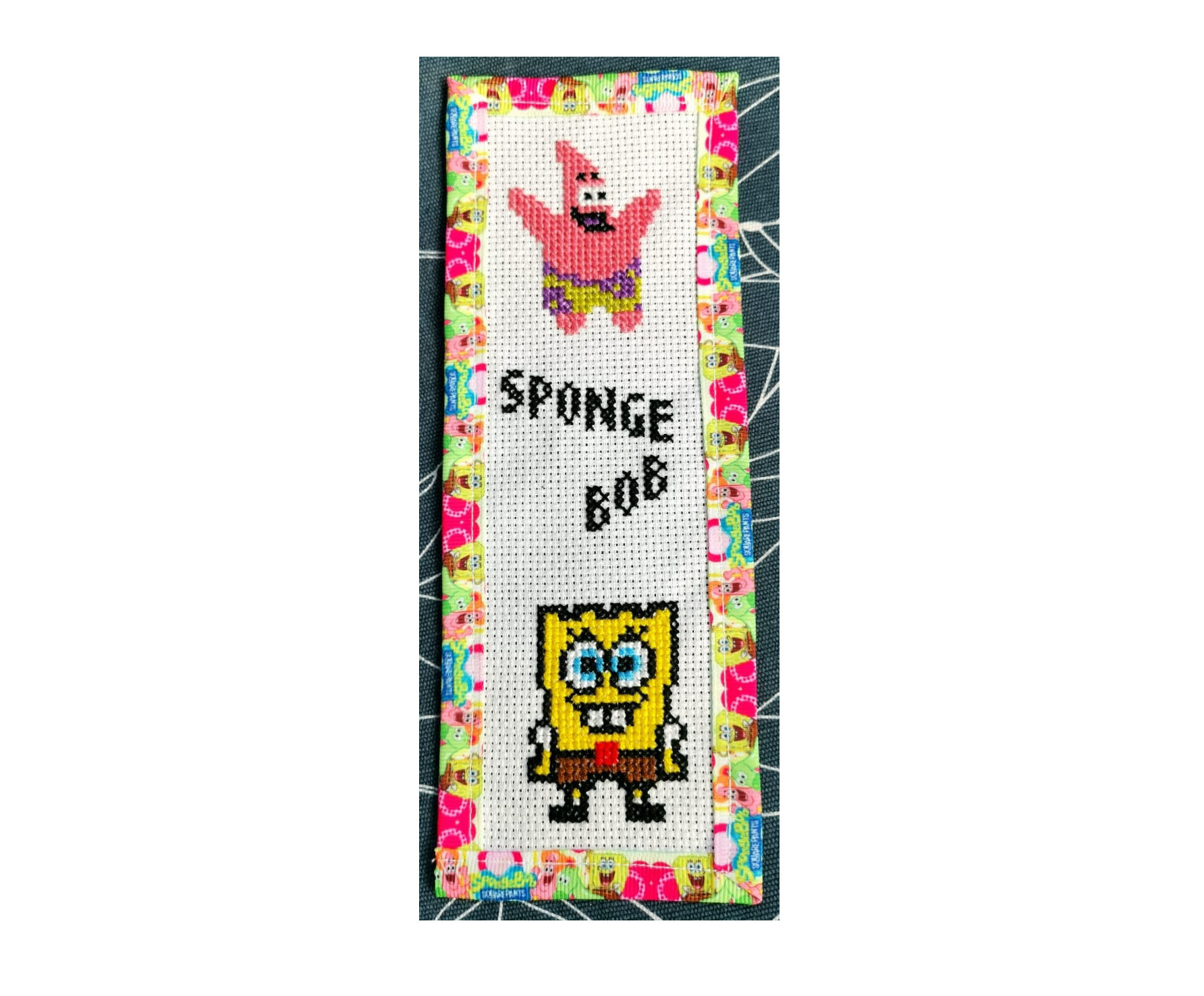 SPONGEBOB PATRICK Grosgrain Ribbon BookMark with customized name FINISHED/COMPLETED Counted Cross Stitch